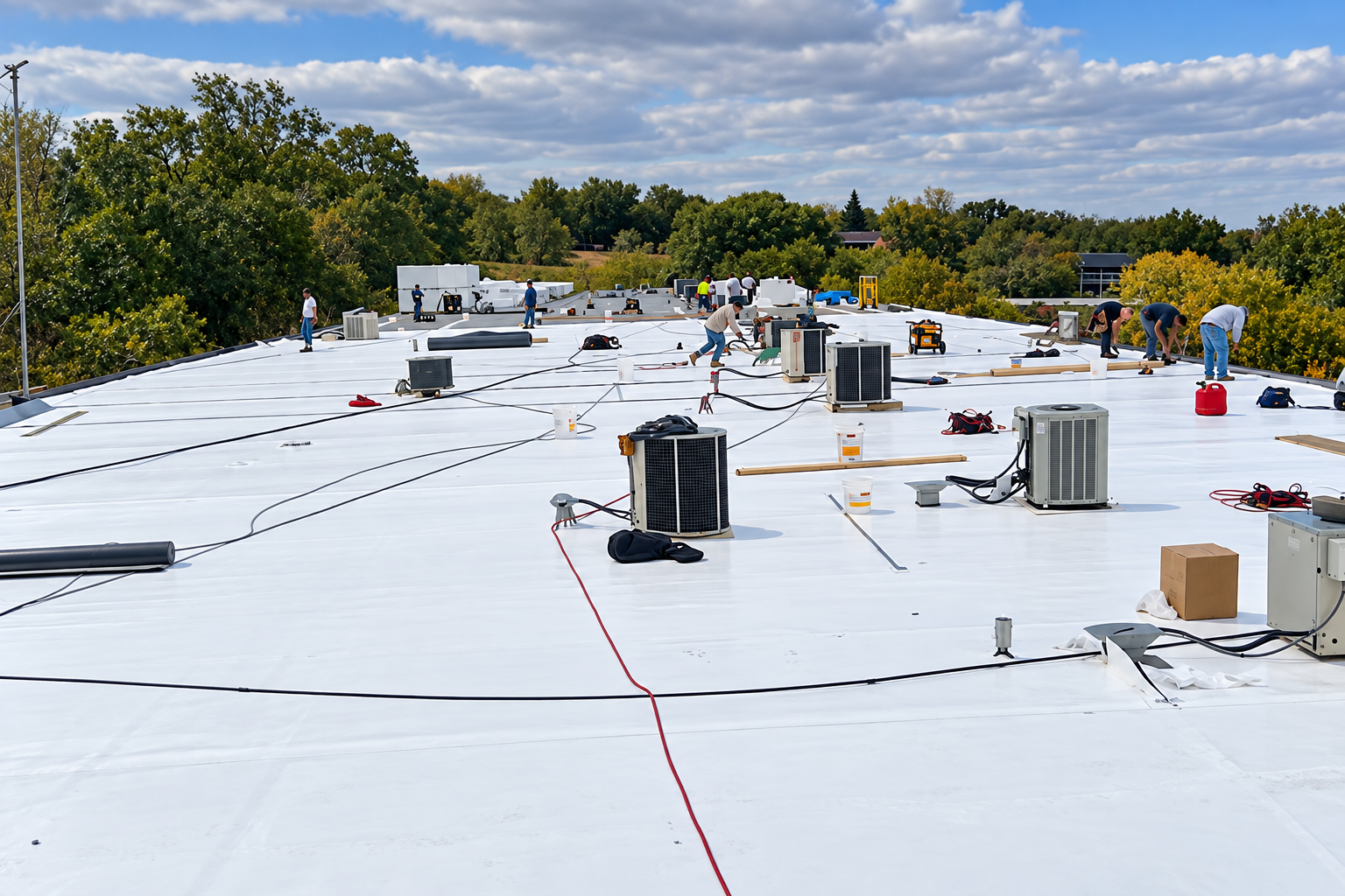 TWT crew installing a white TPO membrane on a large commercial low-slope roof with rooftop HVAC units