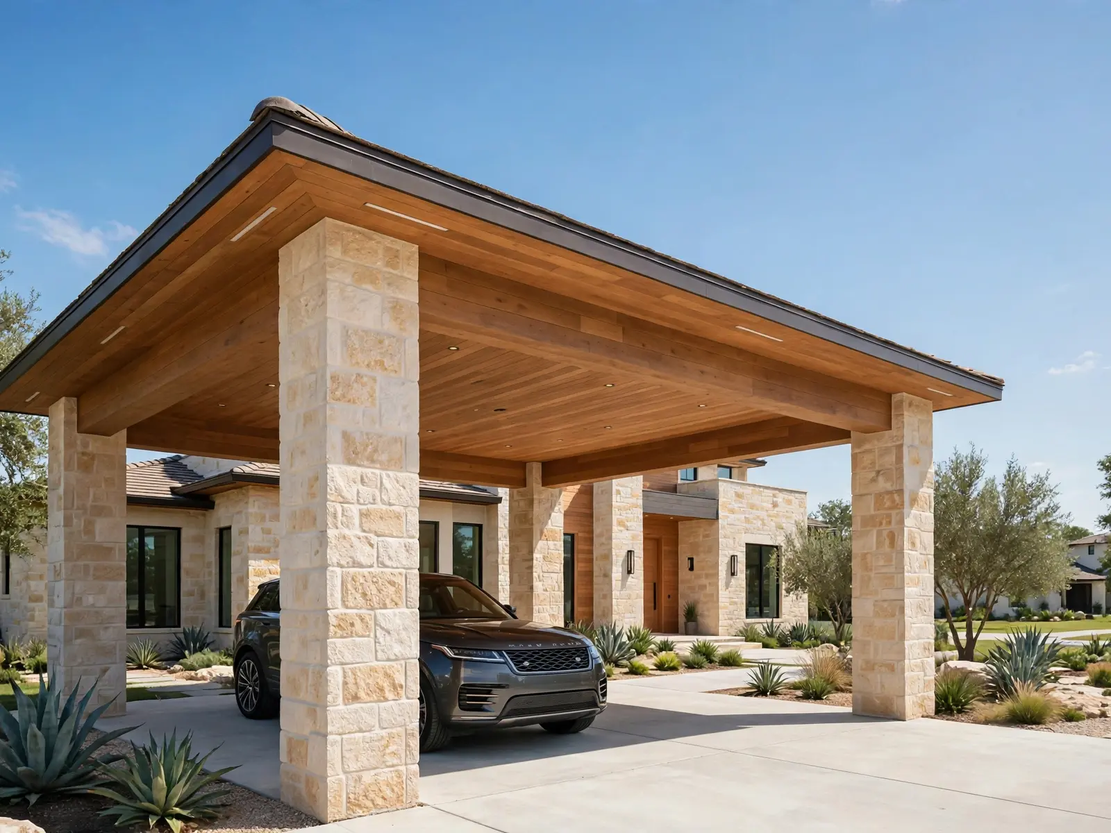 Carport with stone columns attached beside the home