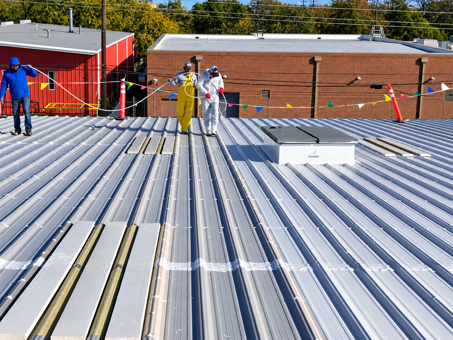 TWT crew working on a silver standing-seam commercial metal roof