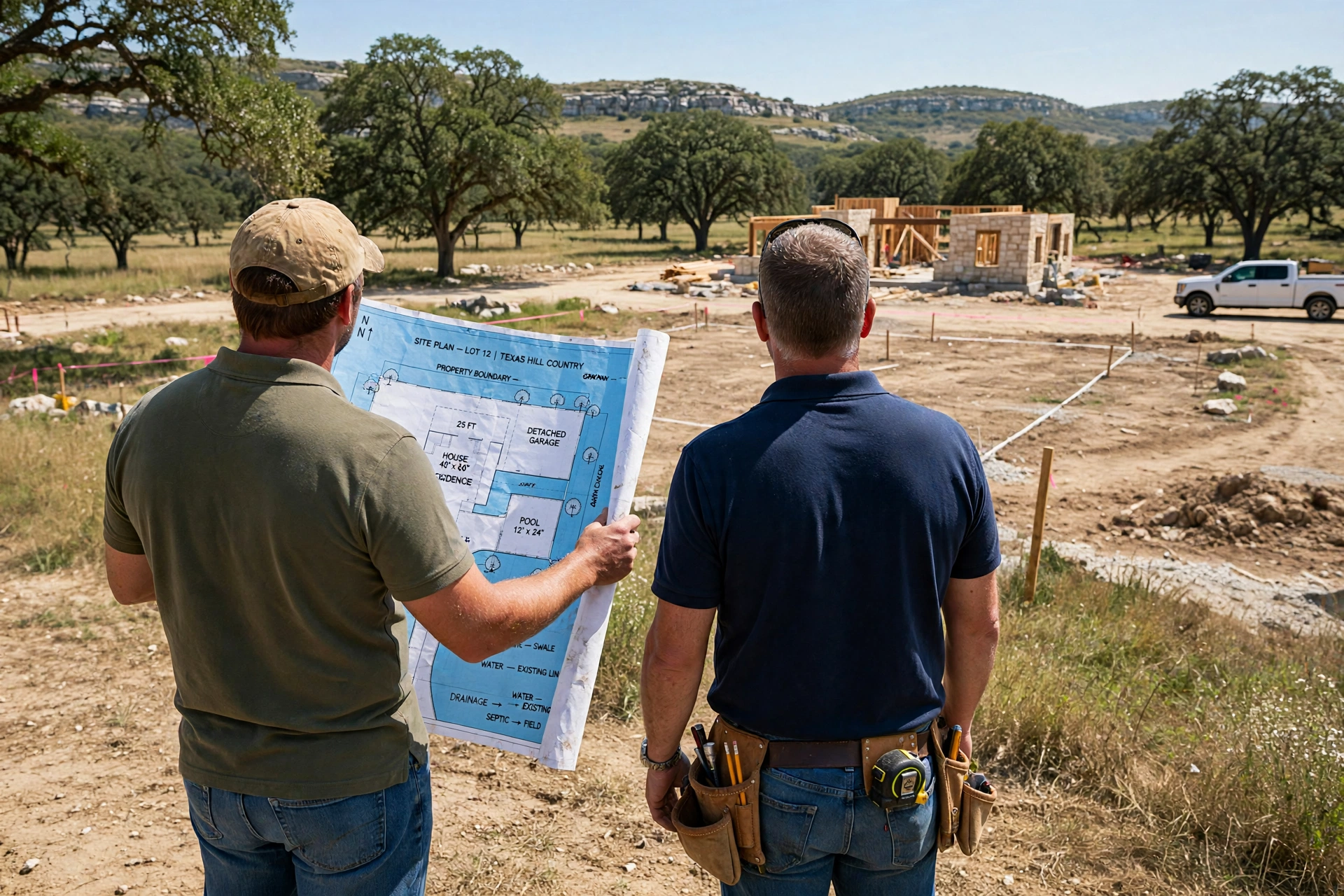 Site planning and blueprint review for a custom garage project