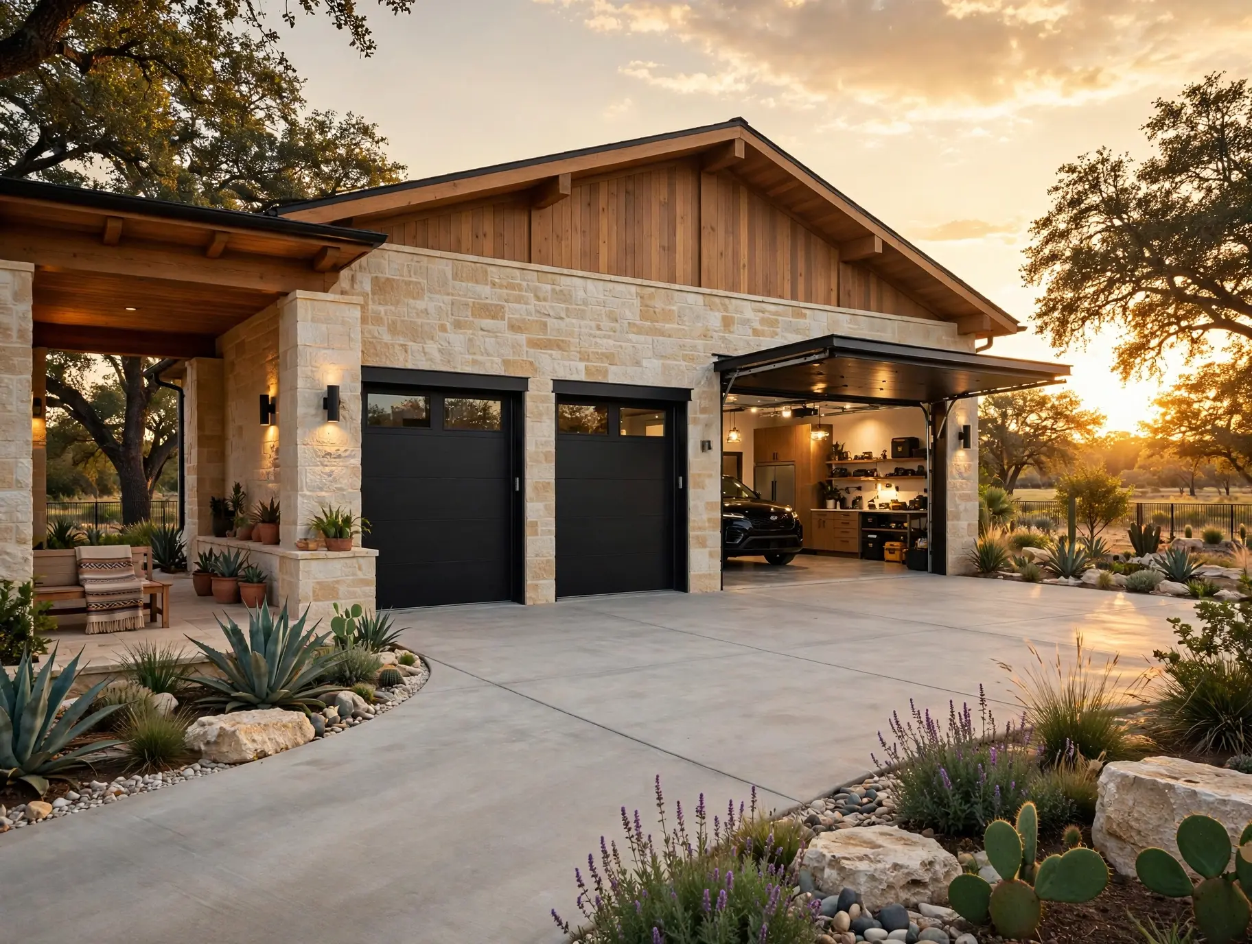 Stone-clad garage at sunset with finishes matched to the home
