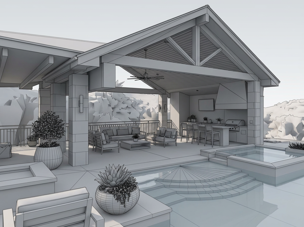 3D architectural rendering of a covered outdoor living structure