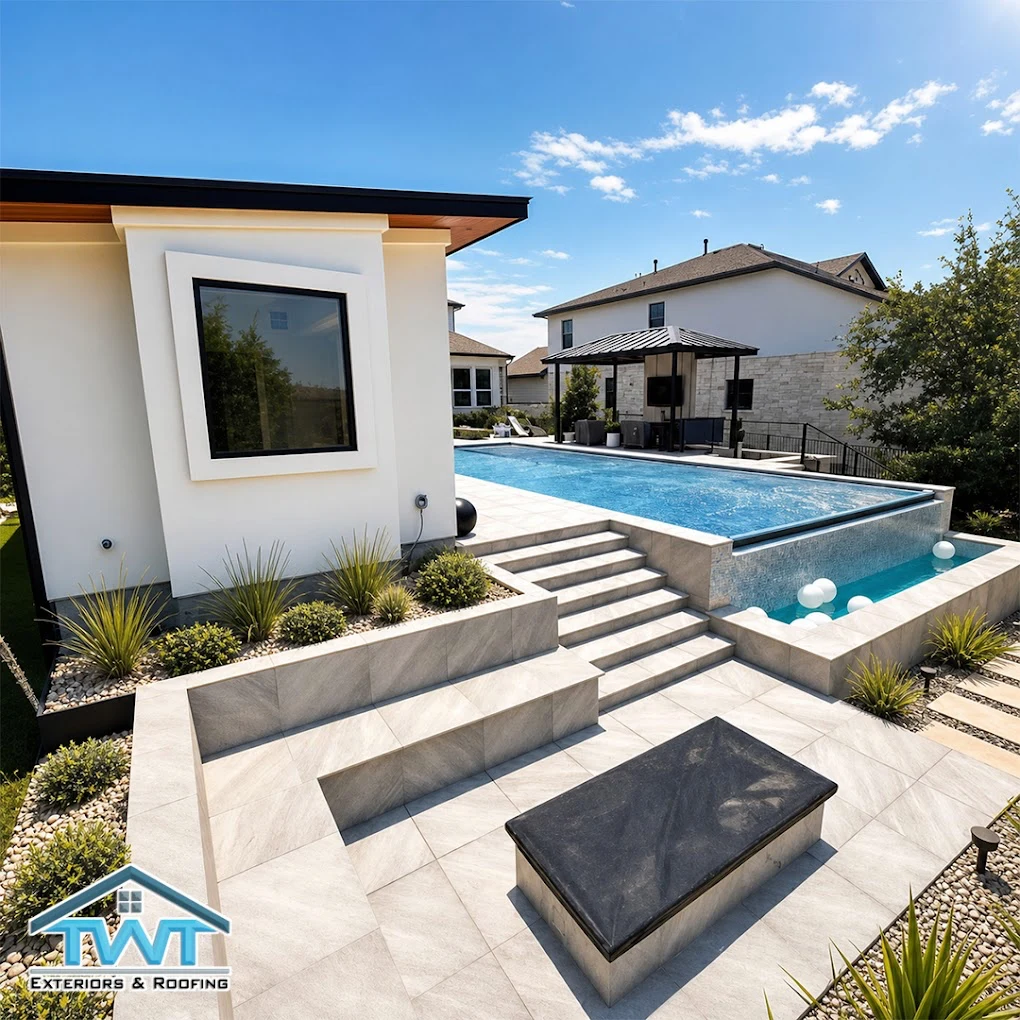 Finished TWT pool terrace with covered structure and landscaping