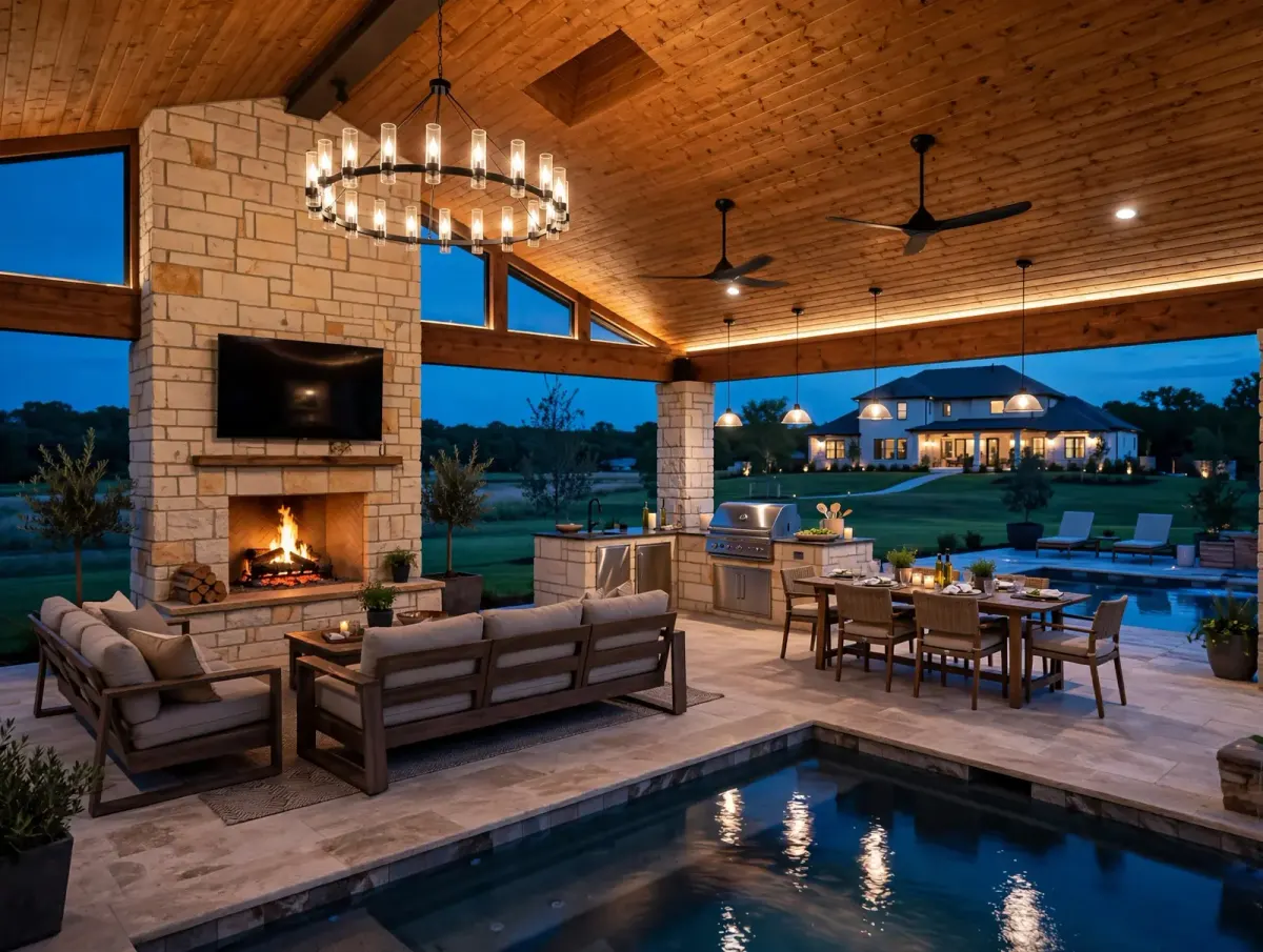 Freestanding pavilion with stone fireplace, outdoor kitchen, dining area, pool, wood ceiling and chandeliers at dusk