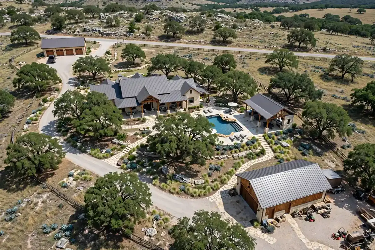 Aerial view of a Hill Country property with multiple freestanding structures placed around the home and pool