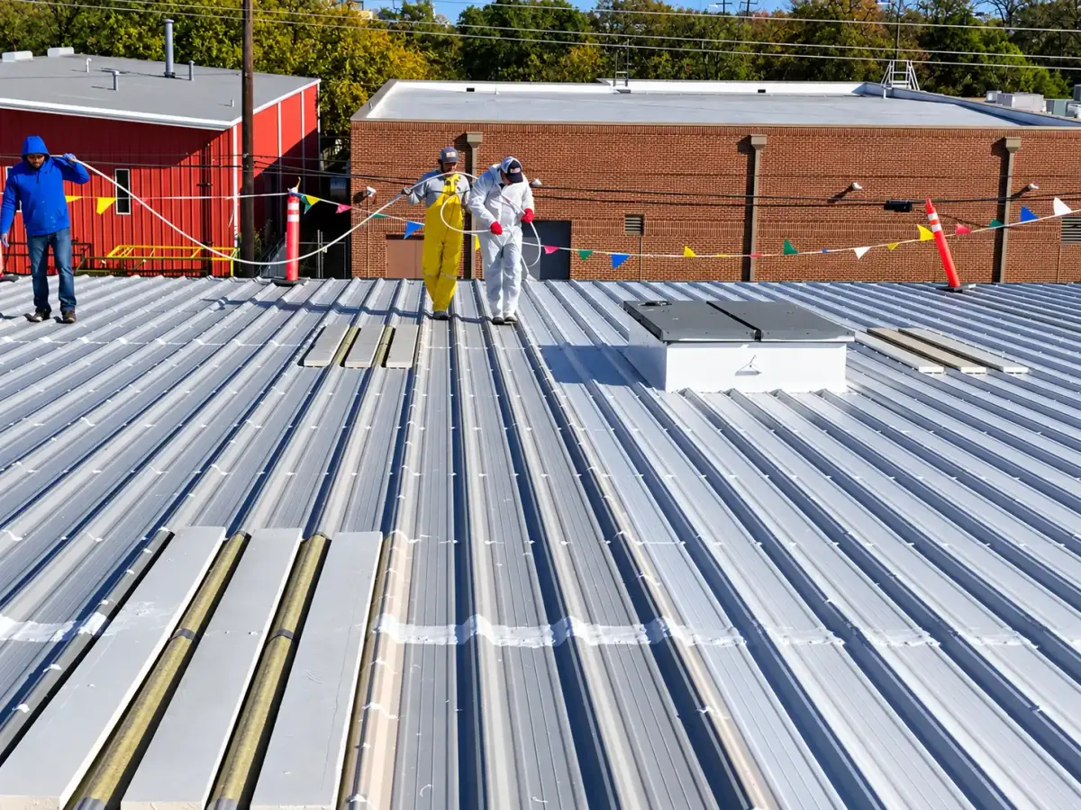 TWT crew working on a silver standing-seam commercial metal roof