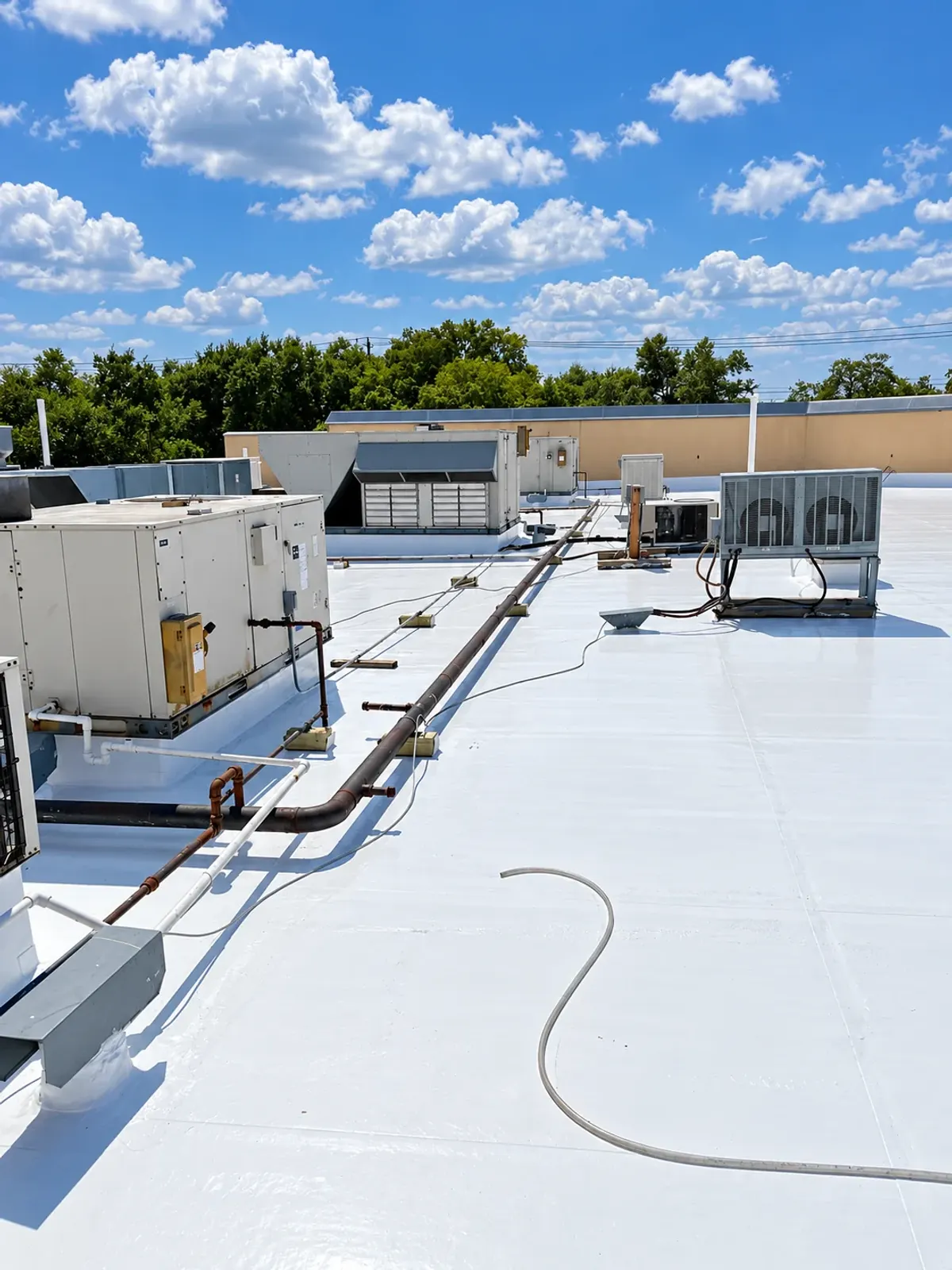 White TPO commercial roof with rooftop HVAC units and piping under a blue sky